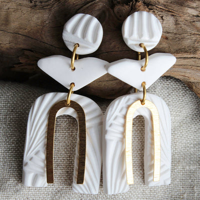 PERSONA Earrings. Textured White Polymer Clay Arch earrings with brass -  Alma Rosa Jewelry
